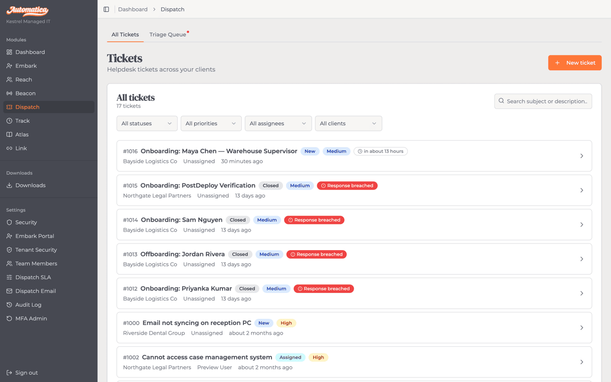 The Dispatch ticket queue, showing tickets with status, priority, client and assignee columns
