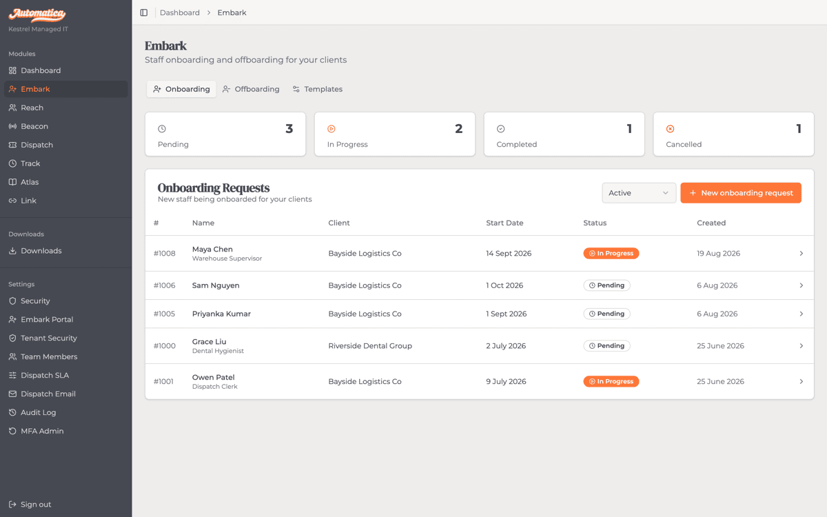 The Embark onboarding requests list, showing staff being onboarded across clients with status and start dates