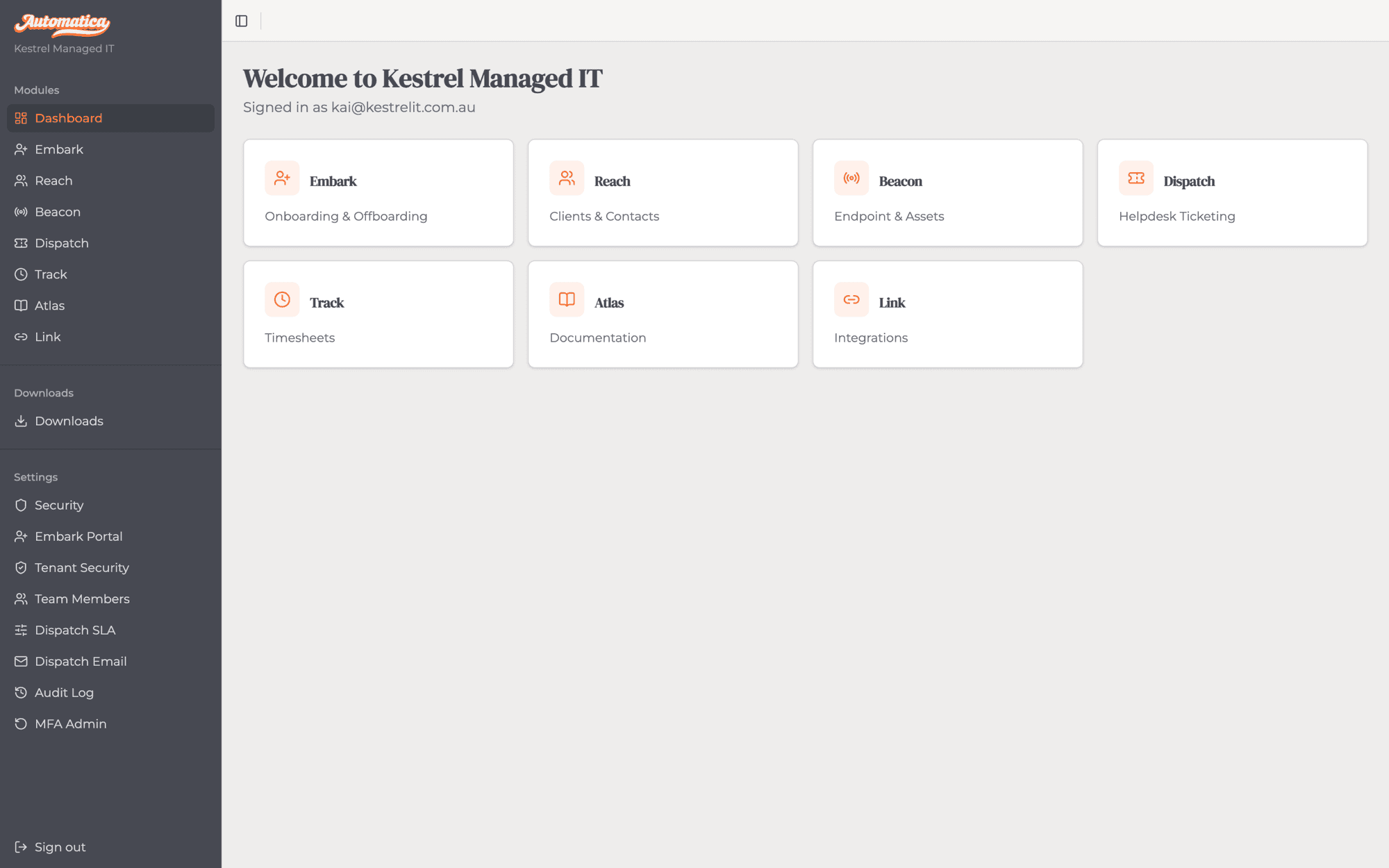 The Automatica dashboard, showing the seven platform modules — Embark, Reach, Beacon, Dispatch, Track, Atlas and Link — as a single home screen for a small MSP