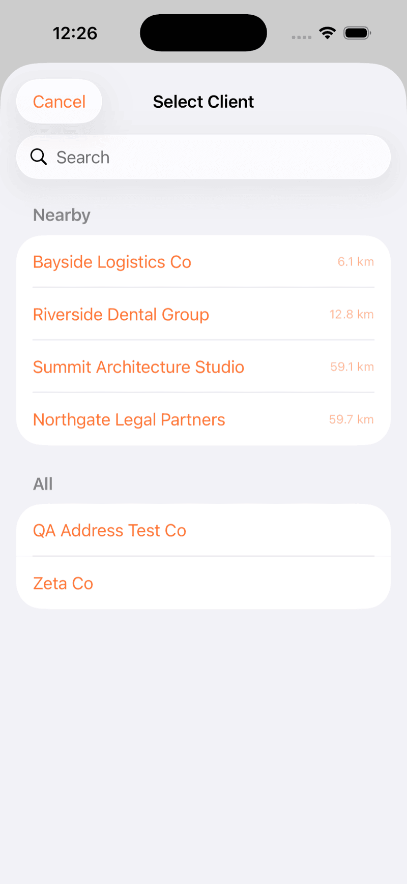 The Track iOS app's client picker, showing nearby clients sorted by distance in kilometres