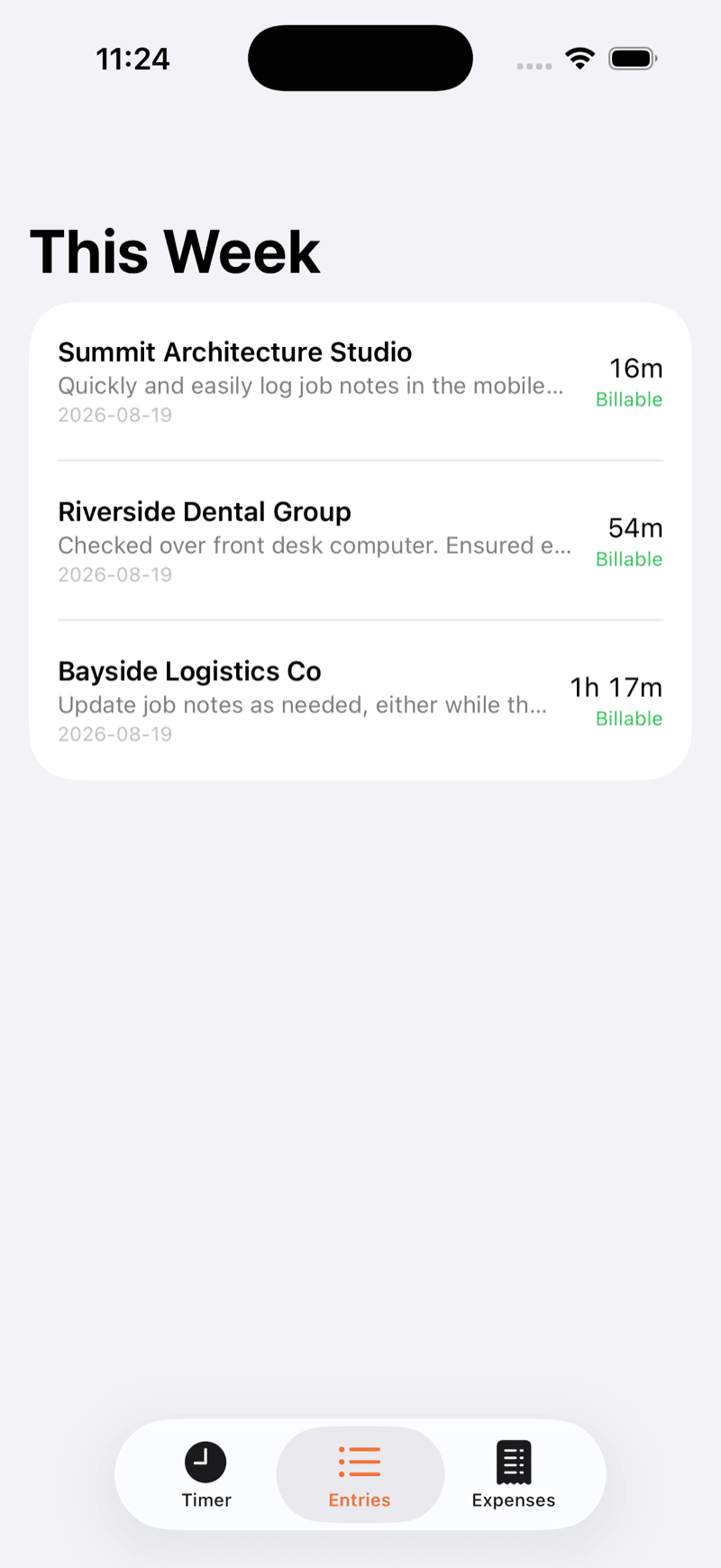 The Track iOS app's weekly entries view, showing three billable time entries with client, notes and duration