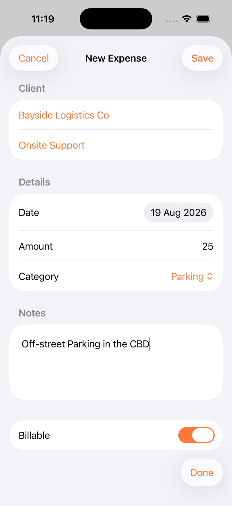 The Track iOS app's New Expense form, logging a billable parking expense against a client