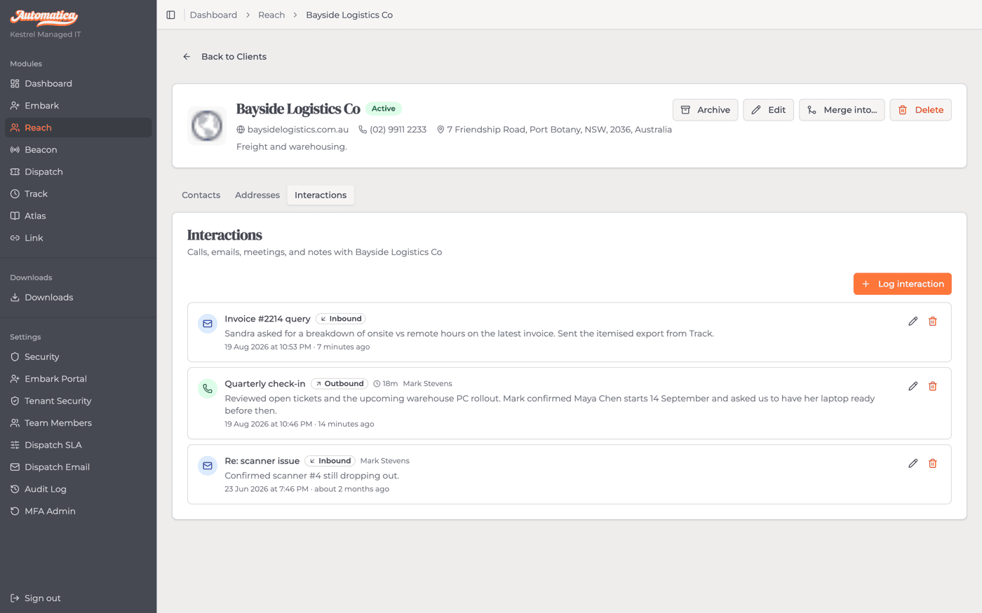 A client's interaction log in Reach, showing a call, an email and a note with direction and contact recorded against each