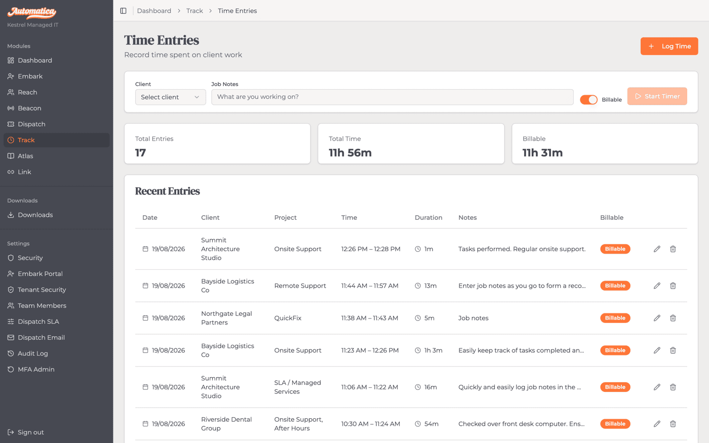 Track's time entries view, showing a list of billable time entries with client, project, duration and notes